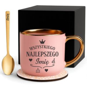 Kubek Personalizowany z Imieniem Róż + Łyżeczka i Podstawka Zestaw na Urodziny v.2