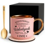 Kubek Personalizowany z Imieniem Róż + Łyżeczka i Podstawka Zestaw na Walentynki v.1