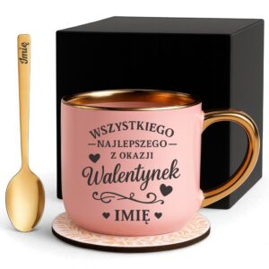 Kubek Personalizowany z Imieniem Róż + Łyżeczka i Podstawka Zestaw na Walentynki v.1