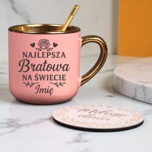 Kubek Personalizowany z Imieniem Róż + Łyżeczka i Podstawka Zestaw dla Bratowej v.1