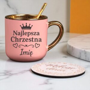 Kubek Personalizowany z Imieniem Róż + Łyżeczka i Podstawka Zestaw dla Chrzestnej v.2