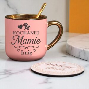 Kubek Personalizowany z Imieniem Róż + Łyżeczka i Podstawka Zestaw dla Mamy v.1
