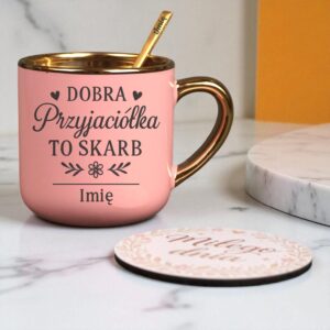 Kubek Personalizowany z Imieniem Róż + Łyżeczka i Podstawka Zestaw dla Przyjaciółki v.3