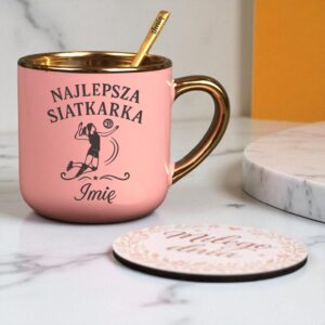 Kubek Personalizowany z Imieniem Róż + Łyżeczka i Podstawka Zestaw dla Siatkarki v.1