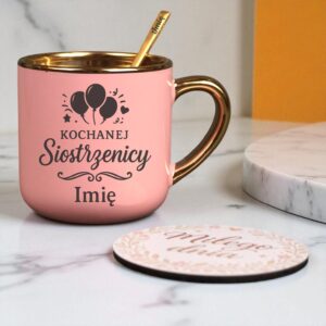 Kubek Personalizowany z Imieniem Róż + Łyżeczka i Podstawka Zestaw dla Siostrzenicy v.1