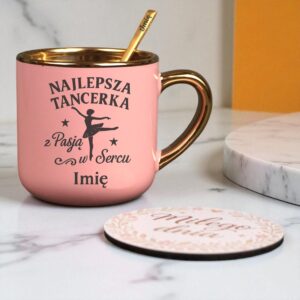 Kubek Personalizowany z Imieniem Róż + Łyżeczka i Podstawka Zestaw dla Tancerki v.1