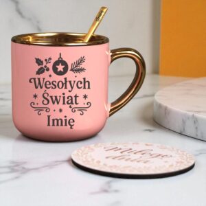 Kubek Personalizowany z Imieniem Róż + Łyżeczka i Podstawka Zestaw na Boże Narodzenie v.3
