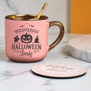 Kubek Personalizowany z Imieniem Róż + Łyżeczka i Podstawka Zestaw na Halloween v.1