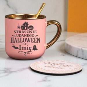 Kubek Personalizowany z Imieniem Róż + Łyżeczka i Podstawka Zestaw na Halloween v.2