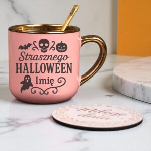 Kubek Personalizowany z Imieniem Róż + Łyżeczka i Podstawka Zestaw na Halloween v.3