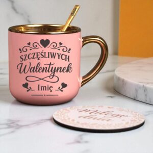 Kubek Personalizowany z Imieniem Róż + Łyżeczka i Podstawka Zestaw na Walentynki v.3