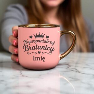 Kubek Personalizowany z Imieniem Róż + Łyżeczka i Podstawka Zestaw dla Bratanicy v.1
