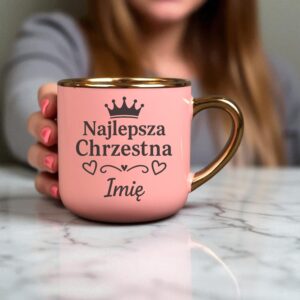 Kubek Personalizowany z Imieniem Róż + Łyżeczka i Podstawka Zestaw dla Chrzestnej v.2