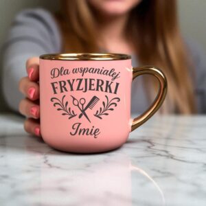 Kubek Personalizowany z Imieniem Róż + Łyżeczka i Podstawka Zestaw dla Fryzjerki v.1