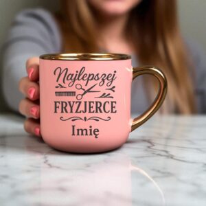Kubek Personalizowany z Imieniem Róż + Łyżeczka i Podstawka Zestaw dla Fryzjerki v.2