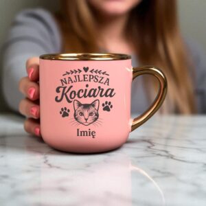 Kubek Personalizowany z Imieniem Róż + Łyżeczka i Podstawka Zestaw dla Kociary v.2