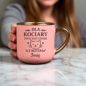 Kubek Personalizowany z Imieniem Róż + Łyżeczka i Podstawka Zestaw dla Kociary v.3