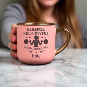 Kubek Personalizowany z Imieniem Róż + Łyżeczka i Podstawka Zestaw dla Kulturystki v.2