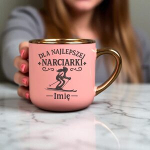 Kubek Personalizowany z Imieniem Róż + Łyżeczka i Podstawka Zestaw dla Narciarki v.1