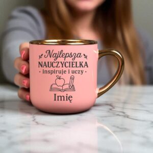 Kubek Personalizowany z Imieniem Róż + Łyżeczka i Podstawka Zestaw dla Nauczycielki v.1