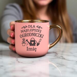 Kubek Personalizowany z Imieniem Róż + Łyżeczka i Podstawka Zestaw dla Ogrodniczki v.2