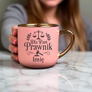 Kubek Personalizowany z Imieniem Róż + Łyżeczka i Podstawka Zestaw dla Pani Prawnik v.1