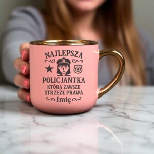 Kubek Personalizowany z Imieniem Róż + Łyżeczka i Podstawka Zestaw dla Policjantki v.1