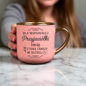 Kubek Personalizowany z Imieniem Róż + Łyżeczka i Podstawka Zestaw dla Przyjaciółki v.4