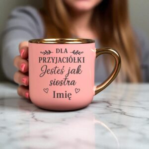 Kubek Personalizowany z Imieniem Róż + Łyżeczka i Podstawka Zestaw dla Przyjaciółki v.5