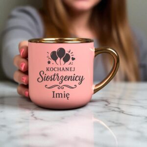 Kubek Personalizowany z Imieniem Róż + Łyżeczka i Podstawka Zestaw dla Siostrzenicy v.1