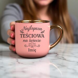 Kubek Personalizowany z Imieniem Róż + Łyżeczka i Podstawka Zestaw dla Teściowej v.1