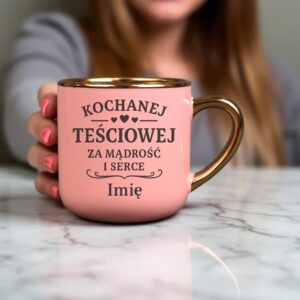 Kubek Personalizowany z Imieniem Róż + Łyżeczka i Podstawka Zestaw dla Teściowej v.2