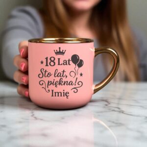 Kubek Personalizowany z Imieniem Róż + Łyżeczka i Podstawka Zestaw na 18 Urodziny v.5