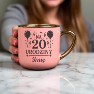 Kubek Personalizowany z Imieniem Róż + Łyżeczka i Podstawka Zestaw na 20 Urodziny v.4