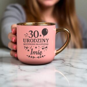 Kubek Personalizowany z Imieniem Róż + Łyżeczka i Podstawka Zestaw na 30 Urodziny v.6