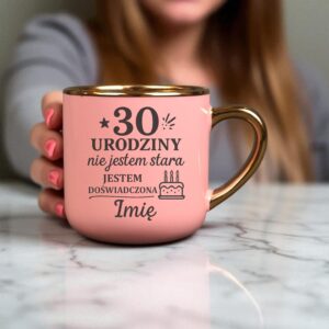 Kubek Personalizowany z Imieniem Róż + Łyżeczka i Podstawka Zestaw na 30 Urodziny v.5