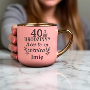 Kubek Personalizowany z Imieniem Róż + Łyżeczka i Podstawka Zestaw na 40 Urodziny v.6