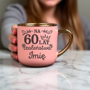 Kubek Personalizowany z Imieniem Róż + Łyżeczka i Podstawka Zestaw na 60 Urodziny v.2