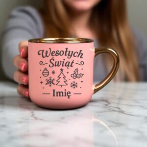 Kubek Personalizowany z Imieniem Róż + Łyżeczka i Podstawka Zestaw na Boże Narodzenie v.2