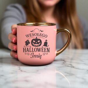Kubek Personalizowany z Imieniem Róż + Łyżeczka i Podstawka Zestaw na Halloween v.1