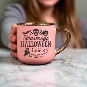 Kubek Personalizowany z Imieniem Róż + Łyżeczka i Podstawka Zestaw na Halloween v.3