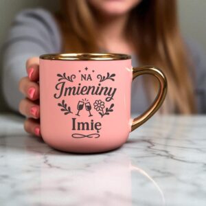 Kubek Personalizowany z Imieniem Róż + Łyżeczka i Podstawka Zestaw na Imieniny v.1