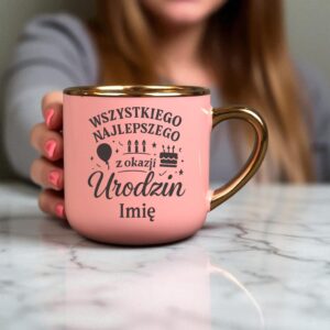 Kubek Personalizowany z Imieniem Róż + Łyżeczka i Podstawka Zestaw na Urodziny v.1