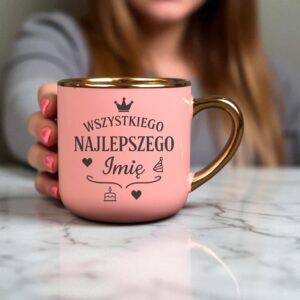 Kubek Personalizowany z Imieniem Róż + Łyżeczka i Podstawka Zestaw na Urodziny v.2
