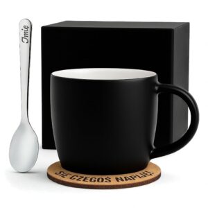 Kubek Personalizowany z Imieniem Czarny + Łyżeczka i Podkładka