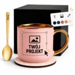 Kubek Personalizowany z Imieniem Róż + Łyżeczka i Podstawka