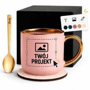 Kubek Personalizowany z Imieniem Róż + Łyżeczka i Podstawka