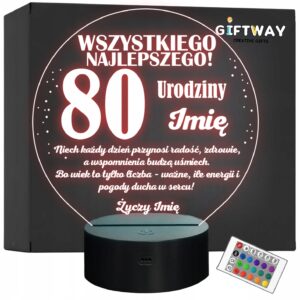 Lampka Nocna LED Prezent na 80 Urodziny Pamiątka Osiemdziesiątka Grawer