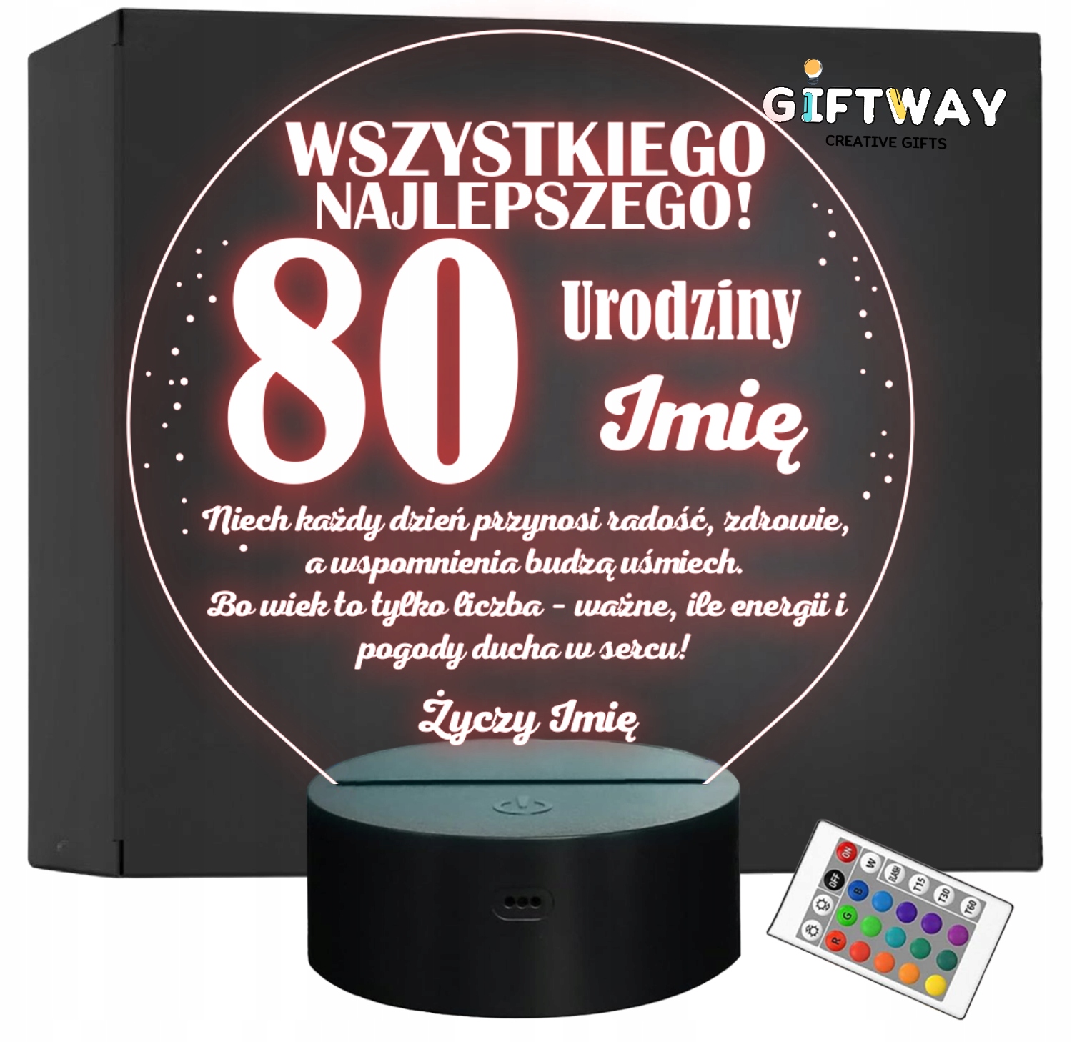 Lampka Nocna LED Prezent na 80 Urodziny Pamiątka Osiemdziesiątka Grawer Lampka Nocna LED Prezent na 80 Urodziny Pamiątka Osiemdziesiątka Grawer