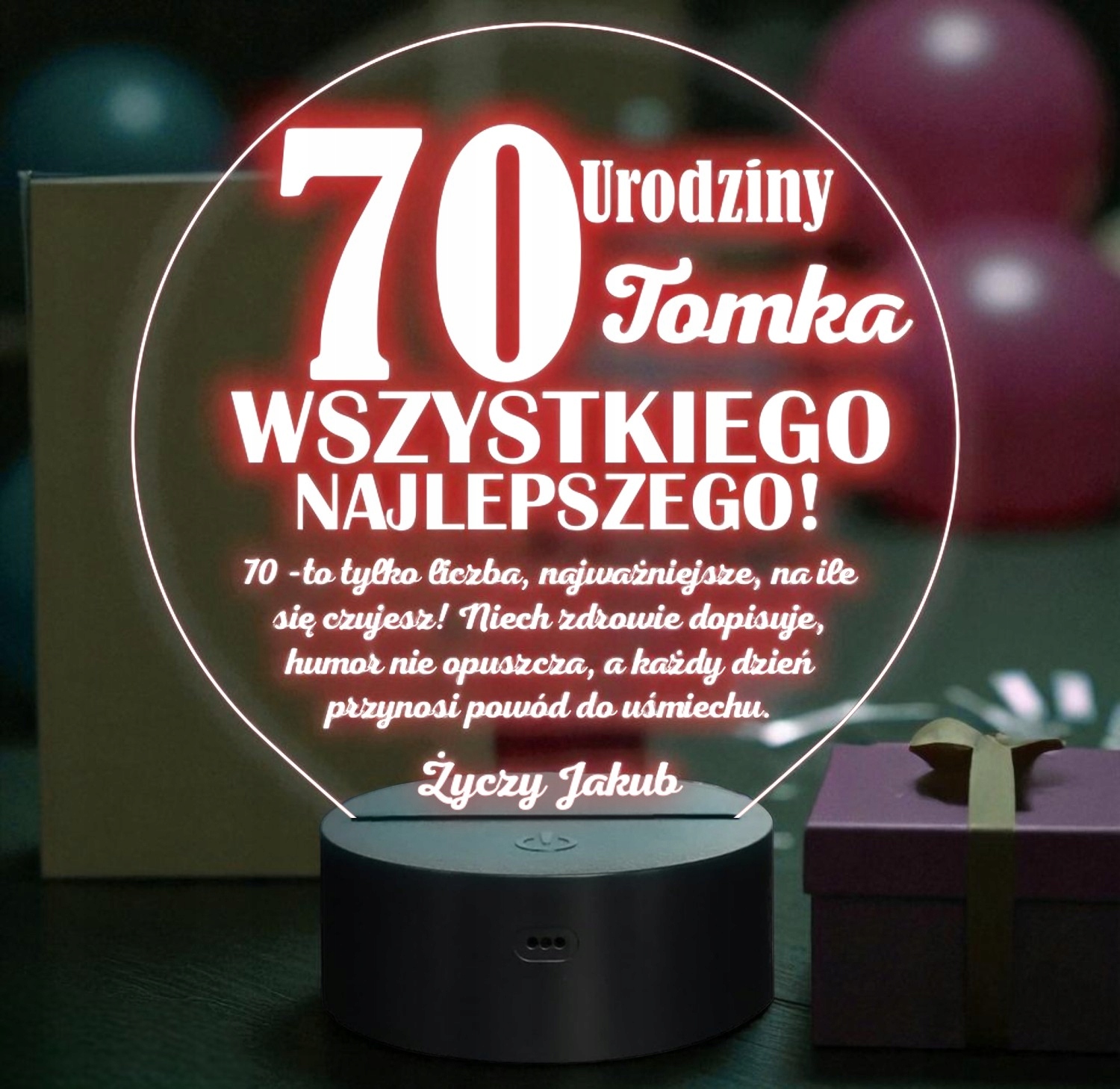 Lampka Nocna LED Prezent na 70 Urodziny Pamiątka Siedemdziesiątka Grawer Lampka Nocna LED Prezent na 70 Urodziny Pamiątka Siedemdziesiątka Grawer